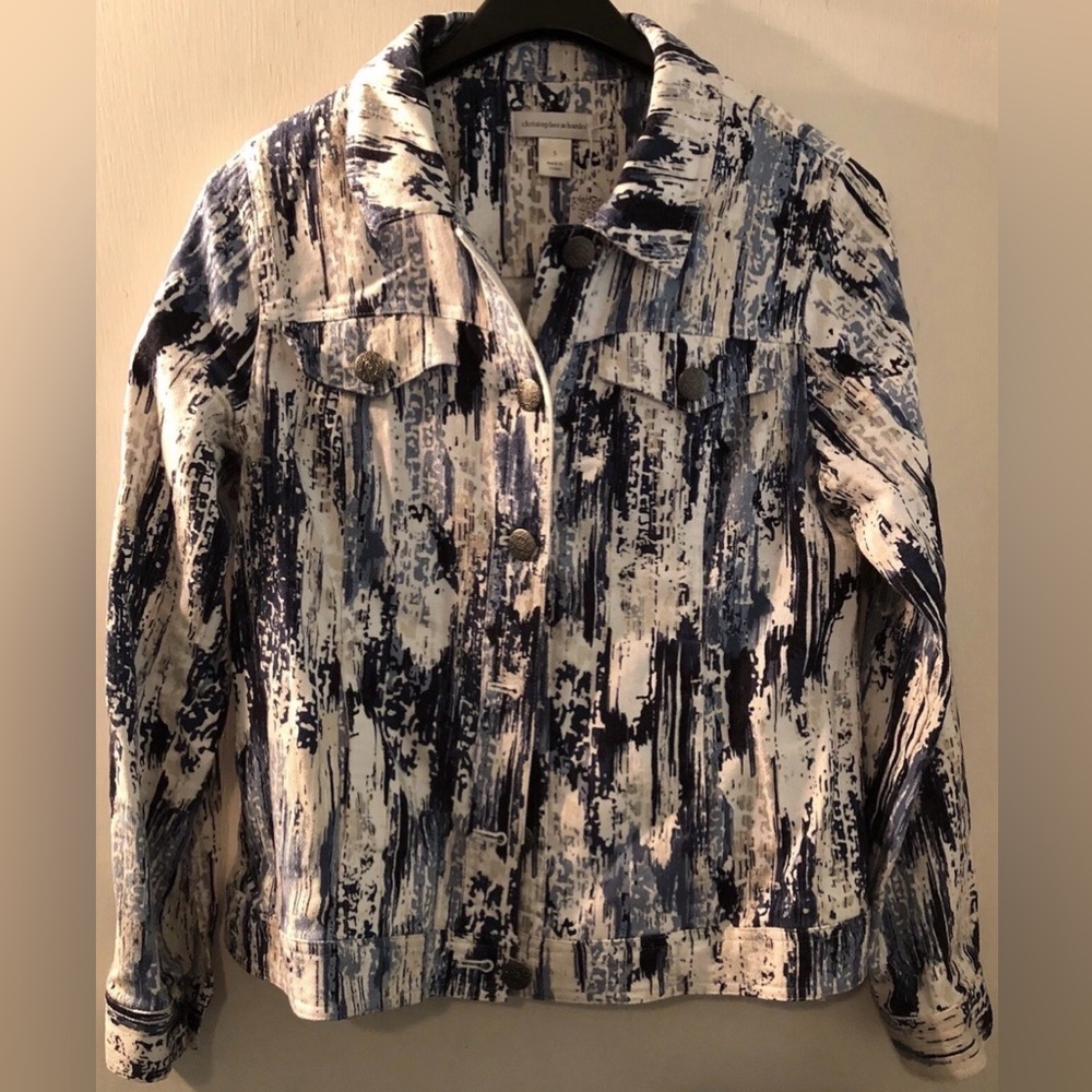 Ladies Christopher & Banks Abstract Blue and White Jean Jacket Size S